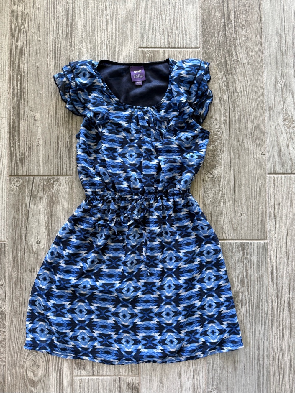 Blue Patterned Ruffle Sleeve Kids Dress - size s (7/8)